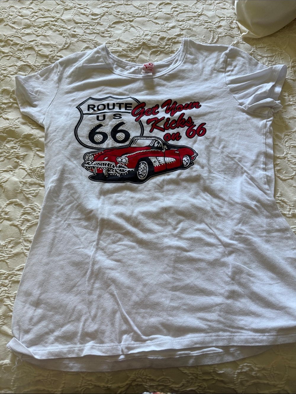 White Kids' Short Sleeve Tee with Red Route 66 Car Graphic